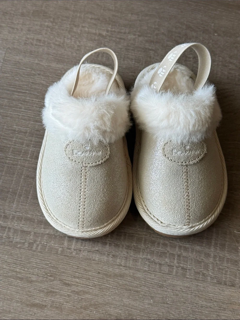 BEARPAW Baby Rebecca Suede Slippers Champagne Glitter Sandstone Size 5